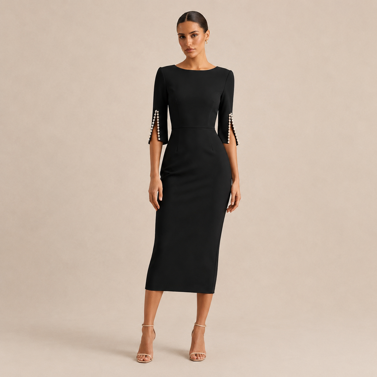Pearl Sleeve Bodycon Midi Dress - Embellished Pencil Dress - Black - 2XL - Women's