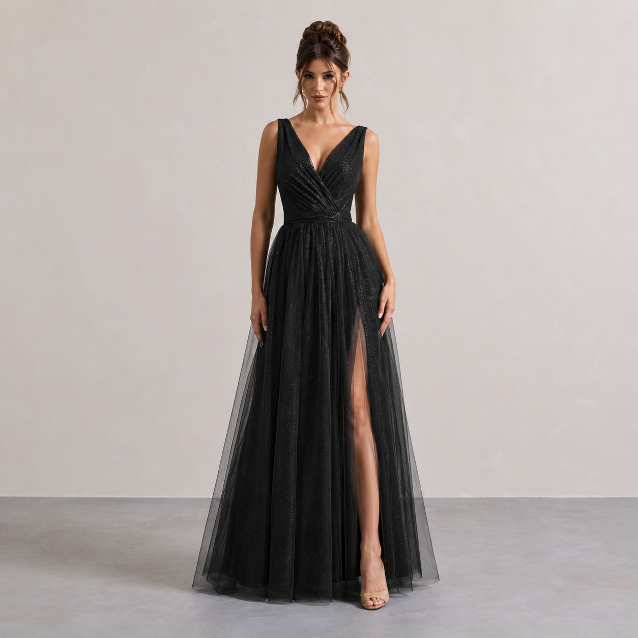 diamante dress black Pleated Surplice-V-Neck Floor-Length - Wide-Strap A-Line Evening Dress - - XL - Women's Size:11 US Men (10 UK/AU) Edikted Bubble Skirt Ribbed The dress is floor category:markdowns