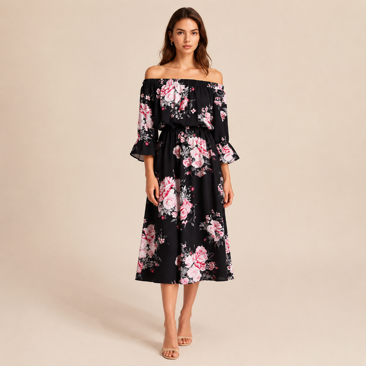 Off Shoulder Printed Midi Dress - Ruffle Sleeve Resort Dress - Green Print - S - Women's