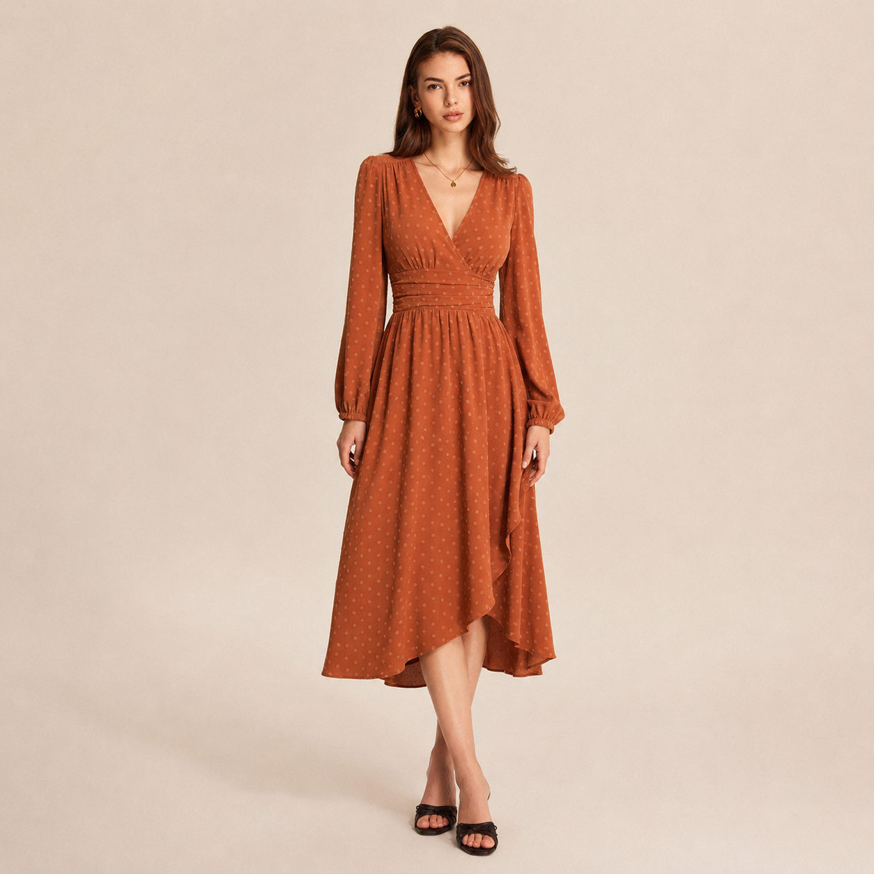 Long Sleeve Swiss Dot Midi Dress - V-Neck Smocked Waist Wedding Guest Day Dress - Brick Red - XXL - Women's