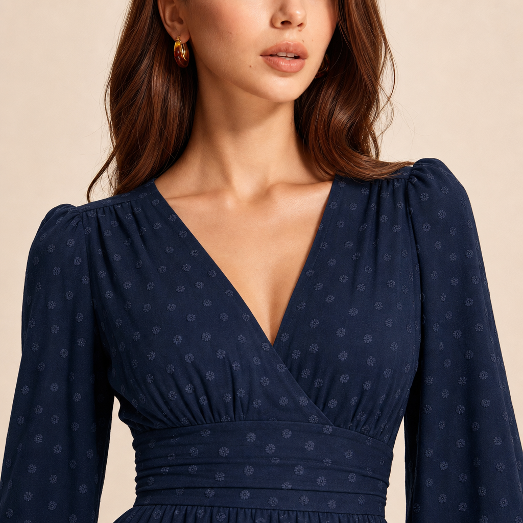 Long Sleeve Swiss Dot Midi Dress - V-Neck Smocked Waist Wedding Guest Day Dress - Black - XS - Women's